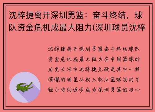 沈梓捷离开深圳男篮：奋斗终结，球队资金危机成最大阻力(深圳球员沈梓捷是哪里人)