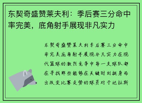 东契奇盛赞莱夫利：季后赛三分命中率完美，底角射手展现非凡实力