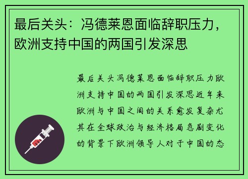 最后关头：冯德莱恩面临辞职压力，欧洲支持中国的两国引发深思